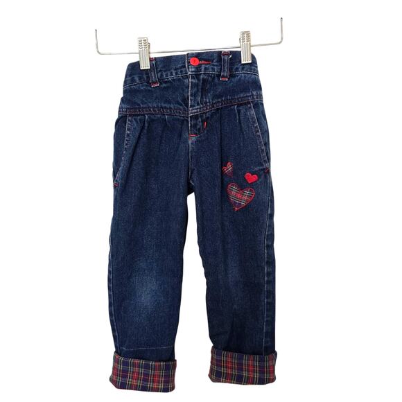 Vintage Girls Jeans Size 3T Sanforized Hearts Embroidery Plaid Cuff Denim 80s - Picture 1 of 5